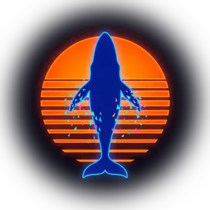 KrashLeviathan logo: a neon blue whale in front of a retro striped sun